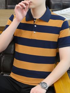 [Factory Batch One Piece Dropshipping] Men Short Sleeve T-Shirt Pure Cotton Stripes Polo Shirt Summer Casual Middle-Aged T-shirt