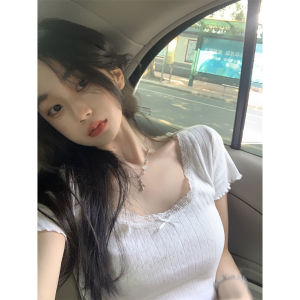 White Lace Slim Fit Short Sleeve T-Shirt Womens Base Layer Top Sweet Pure Desire Summer Short Shoulder Inner Wear INS Style