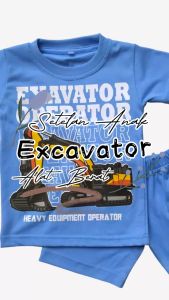 Setelan Kaos Anak Laki Laki Cowok Alat Berat Excavator Katun Anak Balita Usia 1 2 3 4 5 6 Tahun