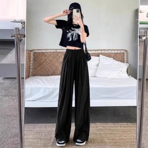 High-Waist Slimming Casual Trousers for Women Plus Size Silky Wide-Leg Pants Summer Lightweight Work Clothing With Pocket