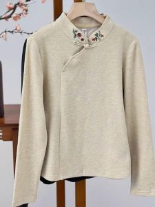 เสื้อเชิ้ตคอตั้งแขนยาวทรงสลิมฟิตสำหรับผู้หญิง ฤดูใบไม้ร่วง/ฤดูหนาว กระดุมสไตล์จีน ผ้าฝ้ายผสมโพลีเอสเตอร์ ทรงหลวม