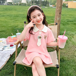 Summer Polo Dress for Girls with Bear Necktie Baby Casual Style School Uniform Wind Childrens Clothing Dress New 2025