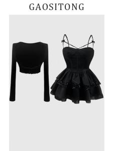Váy Midi Chữ a Cạp Cao GAOSITONG Ngọt Ngào Và Cay Nồng Cho Nữ Mùa Thu Đông 2024 Váy Đen Nhỏ Hai Mảnh Thời Trang