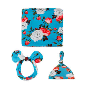 Insular 3pc Newborn Printed Scarf Fetal Cap Hair Band Baby Printed Scarf Baby Swaddling Towel Set Baby Wrapping Swaddle Blanket