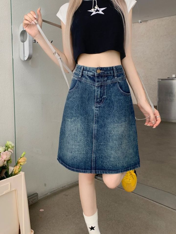 High Waist A-Line Denim Mini Skirt Womens Summer New Style plus Size Belly Cover Slimming Midi Skirt Cotton Polyester Blend