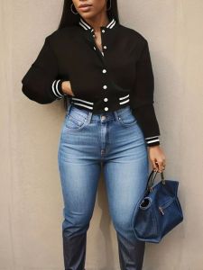 Áo Khoác Bóng Chày Dài Tay Đơn Nút Áo Khoác Ngoài Thường Ngày Mùa Thu 2024 Dáng Rộng Cổ Đứng Họa Tiết Sọc Áo Khoác Ngoài Nữ