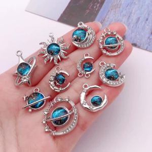 10/12 Chiếc Mặt Dây Chuyền Hình Ngôi Sao Và Mặt Trăng Bằng Hợp Kim Màu Xanh Dương Phong Cách Y2K Để Làm Đồ Trang Sức Tự Làm - Vòng Tay Dây Chuyền Bông Tai
