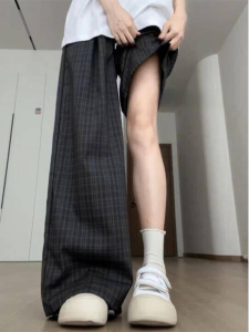 Retro Korean Plaid Casual Straight Leg Pants Women Summer 2024 New Thin Loose Slimming Drapey Wide Leg Long Trousers