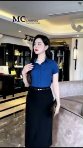 Áo sơ mi nữ công sở mcfashion tay ngắn họa tiết nhí chất lụa nhật mềm mại màu xanh than và trắng A 756