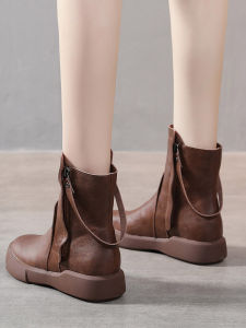 British Style Fleece Lined Flat Bottom Womens Martin Boots Spring Autumn Short Booties Waterproof Platform round Toe Rubber Sole