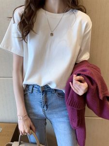 Áo Thun Nữ Tay Ngắn Dáng Rộng Màu Trắng Mùa Hè 2022 Phong Cách Hàn Quốc Cổ Tròn Thường Ngày Cotton 93% Polyester 7%