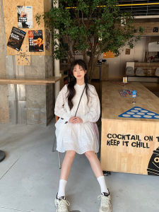 ชุดเดรสยาวลายดอกไม้สีขาว ทรงเอ กระโปรงเด็กผู้หญิง ฤดูใบไม้ผลิและฤดูร้อน ใหม่ กระโปรงสั้น ผ้าฝ้าย 100% แขนยาว คอตั้ง