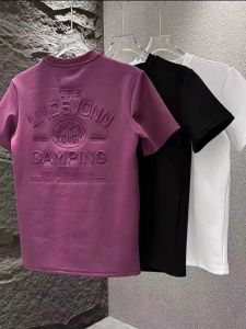 Men Short-Sleeved T-shirt Summer New Arrival Fashion Letter Steel Seal Trendy Minimalist Solid Color Half Sleeve round Neck Slim-Fit Tops