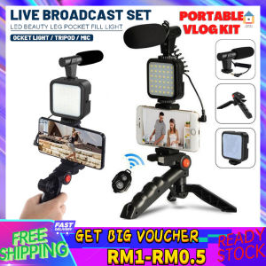 【Malaysia Spot Sale】Phone Vlog Video Kit with Table Tripod Phone Holder with Cold Shoe Microphone LED Video Light Remote Shutter