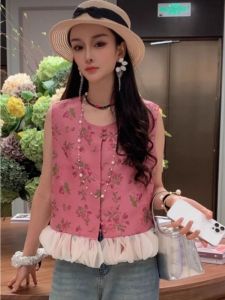 เสื้อเชิ้ตแขนกุดลายดอกไม้สไตล์จีนใหม่สำหรับผู้หญิงในช่วงฤดูร้อน เสื้อเชิ้ตคอตั้งแขนกุดแบบลำลอง ทรงหลวม สไตล์เกาหลี