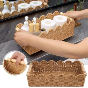 Large Capacity Rectangular Paper Rope Woven Stationery Storage Basket Space Saving Desktop Bathroom Toiletries Organizer Case