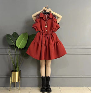 Plus Size Ladies Elegant Shoulder-Baring Lace Patchwork Waist-Slimming Slimming Shirtdress Summer Wear Plus Size Fashion Commuter Short Sleeve Dress