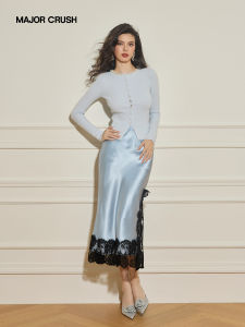 Knitted Pearl Collar Blue Satin Lace Blazer