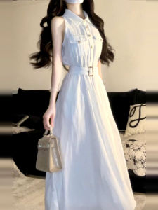 Y6Y | French Style Miu High Waist A-Line Long Dress White Sleeveless Shirt Dress Women Summer Waist Cinched Elegant A-Line Skirt