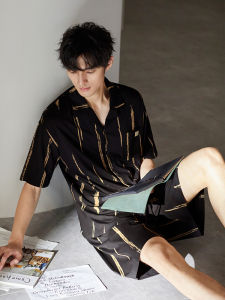 JIALEFEN | Summer Thin Ice Silk Striped Large Size Pajama Set