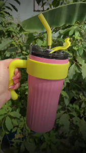 Jumper Kids แก้วเก็บความเย็น แก้วเก็บอุณหภูมิ 800 ml. สแตนเลส 304 Food Grade พร้อมด้ามจับหลอดดูดและฝาปิด สีพลาสเทส