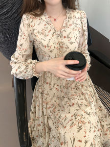 Spring 2025 Womens French Tea Break Design Floral Print Chiffon Dress Midi Korean Style A-Line Skirt Long Sleeve Polyester Fiber