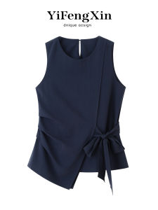 YIFENGXIN | Navy Blue Irregular Sleeveless Summer Blouse Thin French Vest
