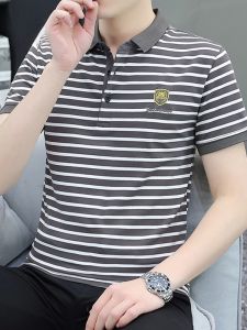 ROMON | Lormen Mens Pure Cotton Short Sleeve Polo Shirt Summer Thin Business Casual Striped With Collar T-shirt Ice Silk Clothes
