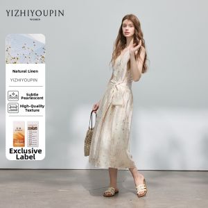 High-End French Linen Ruffled Floral Waist-Slimming Summer Dress