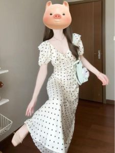 Đầm midi CHANGTONG dáng chữ A tay bồng cổ chữ V họa tiết chấm bi phong cách Pháp