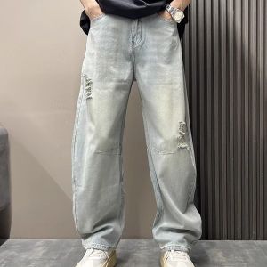 Mens Summer New Style Streetwear Knife Edge Jeans Light Wash Straight Leg Casual Long Trousers Youth Fashion Casual Loose Fit
