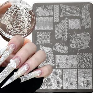 1Pcs 3D Hollow Mesh Lace Nail Stamping Plate French Lace Web Wave Nails Printing Stencil Stainless Steel Manicure Stamp Template