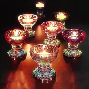 SXH  Colorful Crystal Butter Lamp Holder Large Six-al Lotus Windproof Candles Base Colored Glaze Glass Windproof Candle Holder