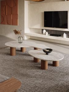 Natural Marble Hole Stone Tea Table Set Solid Wood Rustic Minimalist Living Room Small Size Light Tea Table Home Use B&B