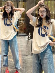 Womens Summer Short Sleeve T-Shirt Pure Cotton Loose Fit Mid-Length Half Sleeve round Neck Print Casual Top in Beige Color