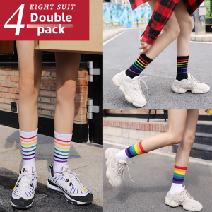 Rainbow Socks for Women Fall and Winter Medium Stockings Trendy Ins Color Striped Minimalist Socks K-style Easiest for Match Fashion High Socks Men