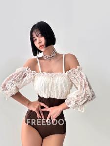 Freeboo Lace Bikini One-Piece Swimsuit Short Sleeve Thermal Vacation Beach Sand Casual Swimwear Quick Dry Backless Fairy Style