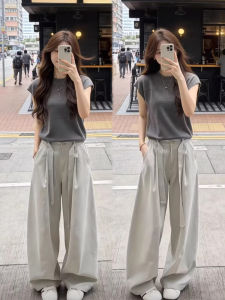 XUECAIQI | Korean Style Minimalist Commute Summer Wear 2 Pieces Set T-Shirt Wide Leg Pants