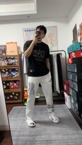 2024 New Kyrie Irving Ink Printed Training Basketball Cotton SweatPants American Casual Loose Street Hip Hop Wide Leg Straight Pants Black/White