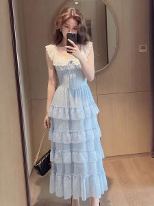 YIKEMAI | French Style Large Size Blue Polka Dot Layered Dress Slimming