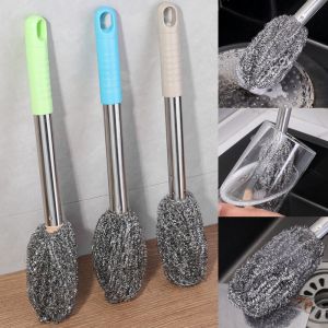 เครื่องมือล้างด้ามจับยาวแปรงจานในห้องครัวกระทะแปรงทำความสะอาดห้องครัวที่แขวนแปรงสำหรับลูกบอลลวดเหล็กทำจากสแตนเลส