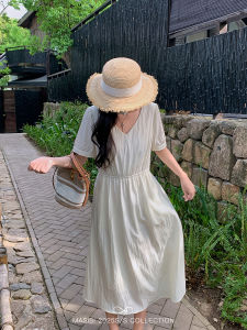 Maxixe plus Size Womens V-Neck Waist-Cinched Dress Summer Vacation Style Thin Medium-Length Skirt Casual High Waist