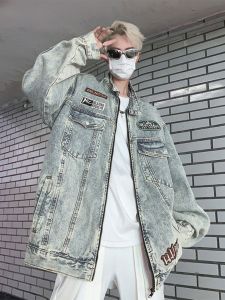 Áo Khoác Denim American Retro Washed Nam Xuân Thu 2025 Thương Hiệu Mới Thời Trang Rộng Rãi Thường Ngày Thêu Cổ Đứng Xe Máy