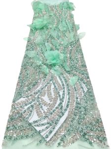 African 3D Flower Beaded Fabric Sequins Embroidery French Tulle Mesh Lace Fabric For Wedding Luxury Fashion 5 Yards Sewing