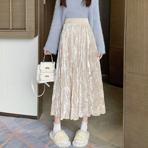 Gold Velvet Pleated Skirt Womens Autumn and Winter Elastic High Waist Slimming Cover Drape A- line Umbrella Skirt Large Swing Dress