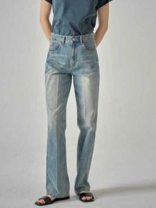 Womens High Waist Straight Leg Jeans Faded Washed Autumn Wide Leg Pants Slimming Effect Blue Long Trousers Zipper Closure