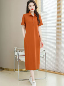 ชุดเดรสแขนสั้นผ้าฝ้ายแท้สำหรับผู้หญิงเดรสยาวคอปกโปโล ลำลองทรงหลวมยาว ด้วย ผอมเพรียวเดรสเสื้อยืดแบบยาวลดอายุ