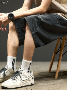 กางเกงขาสั้นผ้ายีนส์ขาดสไตล์อเมริกันสำหรับผู้ชาย กางเกงขายาวทรงตรง ความยาวครึ่งแข้ง ทรงลำลอง ฤดูร้อน