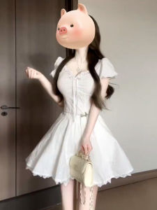 Y6Y | ชุดเดรสยาวแขนพองคอวีแขนสั้นสีขาว กระโปรงทรงเอเอวสูง ผ้าฝ้าย ชุดทำงานฤดูร้อนสำหรับผู้หญิงและเด็กผู้หญิง