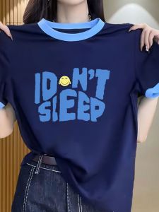 Summer Cotton T-Shirt Womens Short Sleeve round Neck Loose Fit Shoulder Creative Letter Print Commute Style Korean Version